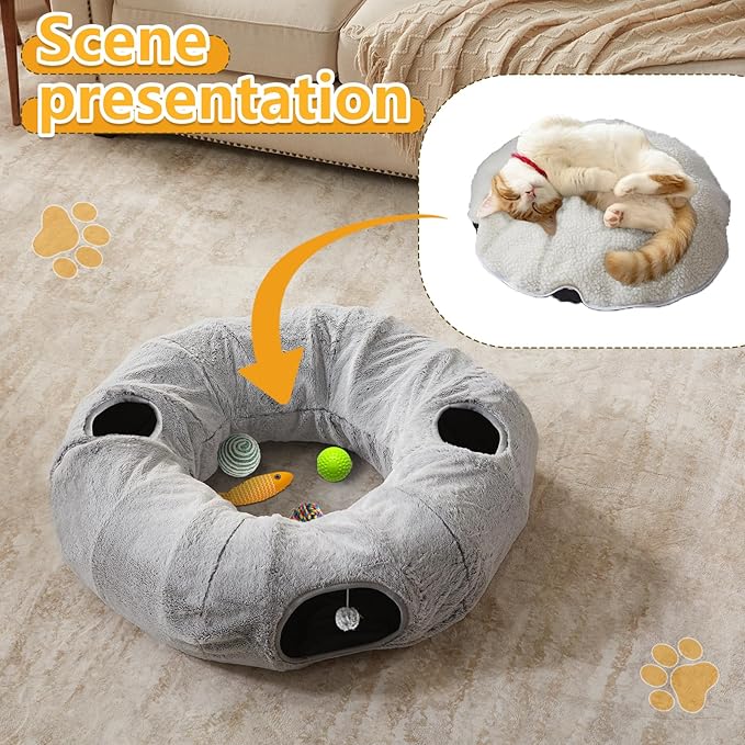 Cat Tunnel Bed for Indoor Cats - Cute Cat Donut Tunnel with Washable Circle Cushion, Round Pet Play Tunnel Toy for Kitten/Puppy/Rabbit,Grey