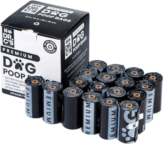 Certified 65% PCR (Post Consumer Recycled) Plastic and 35% Plant Based Dog Poop Bags - Dr. C's Premium Dog Poop Bags - 270 Bags / 18 Rolls, Extra thick, Leak Proof, Unscented, Earth Friendly