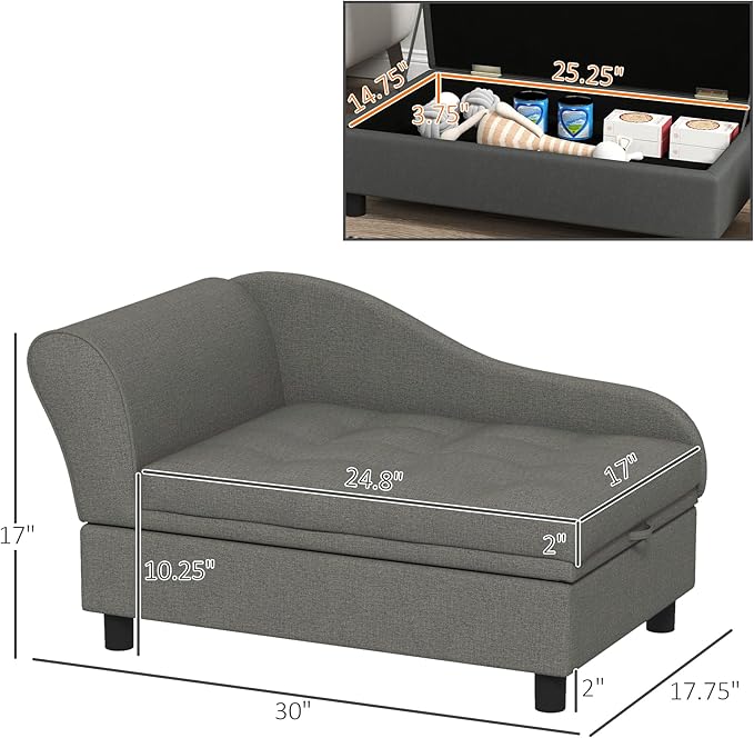 PawHut Pet Sofa, Dog Couch, Elevated Pet Bed for Small Dogs, with Hidden Storage, Soft Tufted Cushion, Gray