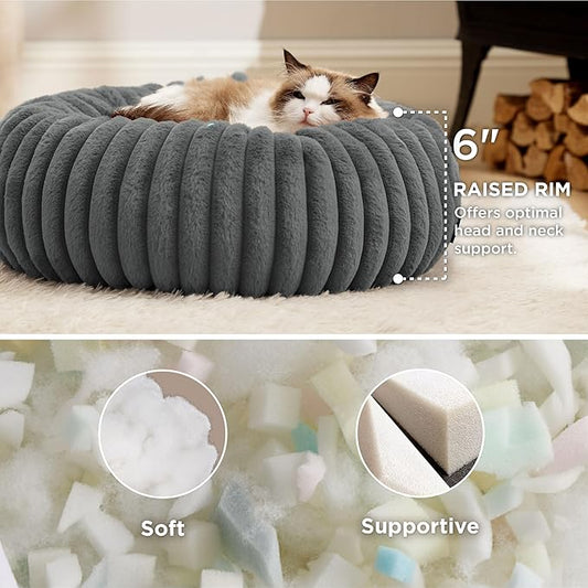Bedsure Cat beds for Indoor Cats - Donut Dog Beds for Small Dogs with Corduroy Fleece & Anti Slip Bottom, Faux Fur Pet Beds with Washable Removable Cover, Warm Grey, 20x20x6 inches