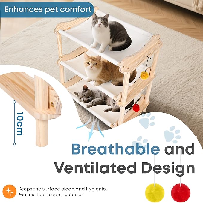Large 3-Layer Cat Hammock Bed, 24"x15.7"x26.8" Elevated Cat Bed with Pine Wood Frame, Breathable Washable Covers, Wooden Pet Furniture for Indoor Cats and Small Animals(White, 3-Tier)