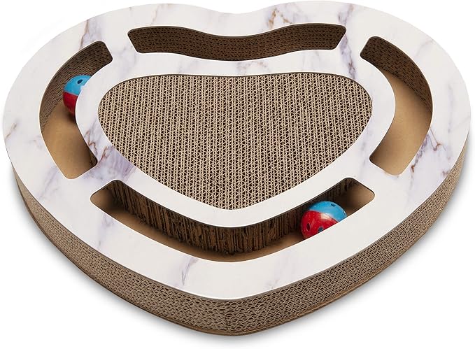 Furhaven Scratching Pad Ball Track Cat Toy w/ Catnip for Indoor Cats - Heart-Shaped Busy Box Scratcher - White Marble, One Size