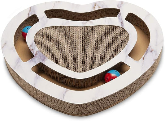 Furhaven Scratching Pad Ball Track Cat Toy w/ Catnip for Indoor Cats - Heart-Shaped Busy Box Scratcher - White Marble, One Size