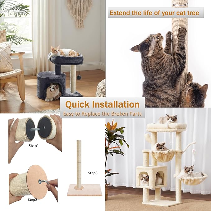 Cat Scratch Post, 8,11.8,15.7,19.6,31.5inch sisal Pole Cat Tree Replacement Post with M8 Screws, Indoor cat Tower Spare Furniture Protector with Scratch Post Filling (8 * 3.1inch-1Pcs)
