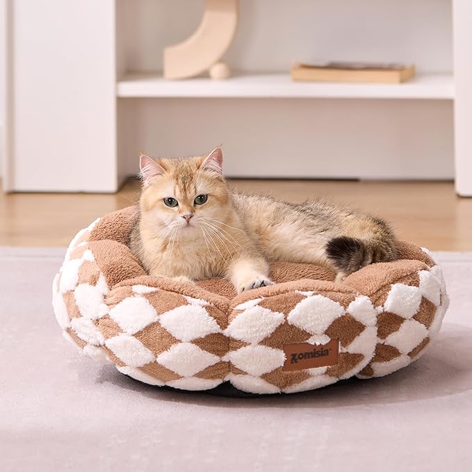 Large Cat Beds for Indoor Cat, Donut Dog Beds for Small Dog, Round Plush Puppy Bed for Kitten, Brown