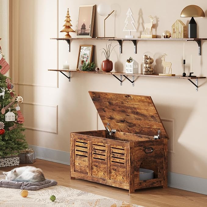 DINZI LVJ Litter Box Enclosure, Flip Top Litter Box Furniture, Hidden Cat Washroom, Wooden Cat House, End Table, 39.4" L x 19.7" W x 19.7" H, Good Ventilation, Easy to Assemble, Rustic Brown