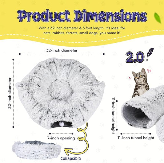 Cat Tunnel Bed Cave with Catnip Toys - Peekaboo Cat Hideaway & Cat Donut Tunnel - 3-in-1 Cat Tunnels for Indoor Cats - Foldable Cute Cat Bed - 32" Washable