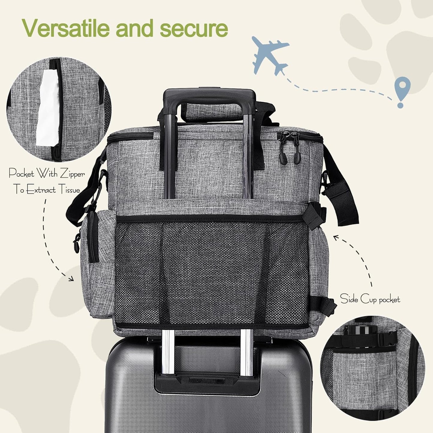 Dog Travel Bag,Weekend Pet Travel Bag Set for Dog and Cat,Airline Approved Tote Multi-Function Dog Bags for Traveling,Include 2 Collapsible Bowls,2 Food Storage Containers,1 Feeding Mat,Gray