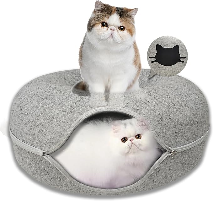 Donut Cat Tunnel Bed Peekaboo Cat Cave for Large Cats Up to 30 Lbs, Kitty Interactive Playing Tent House for Multiple Cats,Detachable,Scratch Resistant (Light Gray, Large - 24 Inch Diameter)