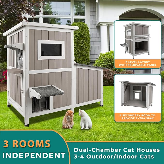 Cat Houses for Outdoor Cats Outside Feral Cat Shelter Weatherproof Wooden Cat Houses for 2-3 Cats with 3 Rooms 3 Escape Doors 2 Openable Asphalt Roofs