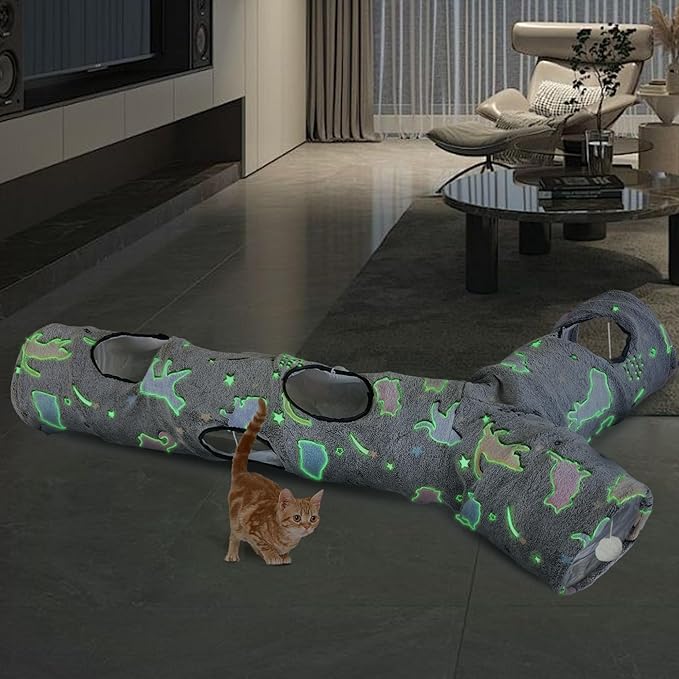 Cat Tunnels for Indoor Cats, Self-Luminous Cat Tunnel with Plush Ball, 3 Way Kitten Tunnel Collapsible, Cat Play Tunnel with Interactive Peephole for Large Cat, Puppy, Kitten