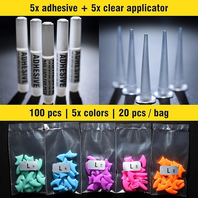 zetpo 100 pcs Cat Nail Caps | Cat Claw Covers | with Adhesives and Applicators (L, Turquoise, Sky Blue, Purple, Rose, Orange Peel)