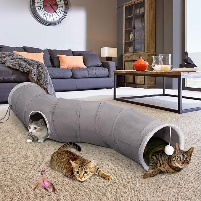 Ownpets Cat Tunnel 48 inch Long S-Shape Collapsible Cat Play Tunnel with Interactive Feather Wand Large Pet Tunnel Tube Toy for Cat Kitten Kitty Puppy Rabbit