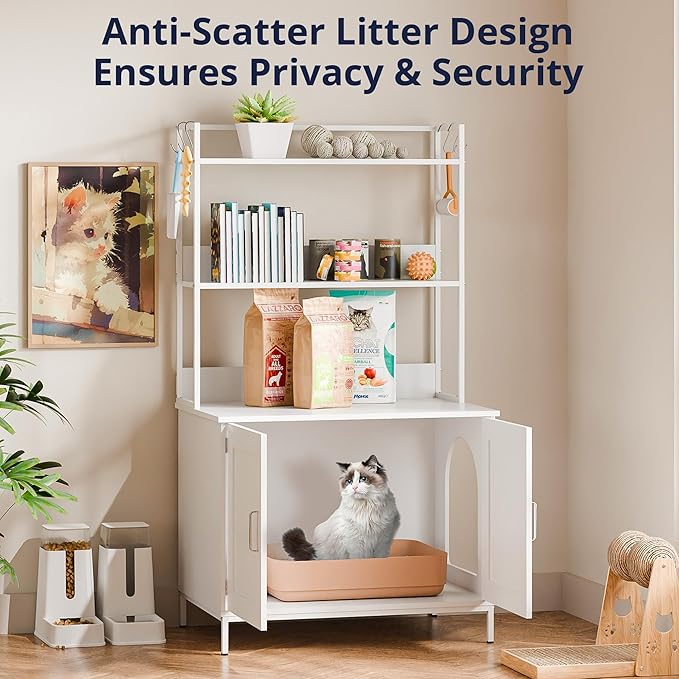 Cozy Castle Litter Box Enclosure, 57'' Cat Litter Box Furniture with Large Cabinet, Shelves and 4 S-Hooks, Hidden Cat House for Most of Litter Boxes, Wooden Pet Washroom Indoor, White