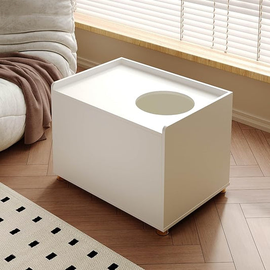 Top Entry Litter Box Enclosure, Modern Flip Top Litter Box Furniture with Cat Scratch Mat, Side Table (White)