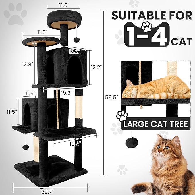 58.5inch Large Cat Tree Tower Condo for Indoor Cats, Soft Plush Multi-Level Climbing Tree Cat House, Scratching Post, More Entrance/Exit, Sisal Rope, Black