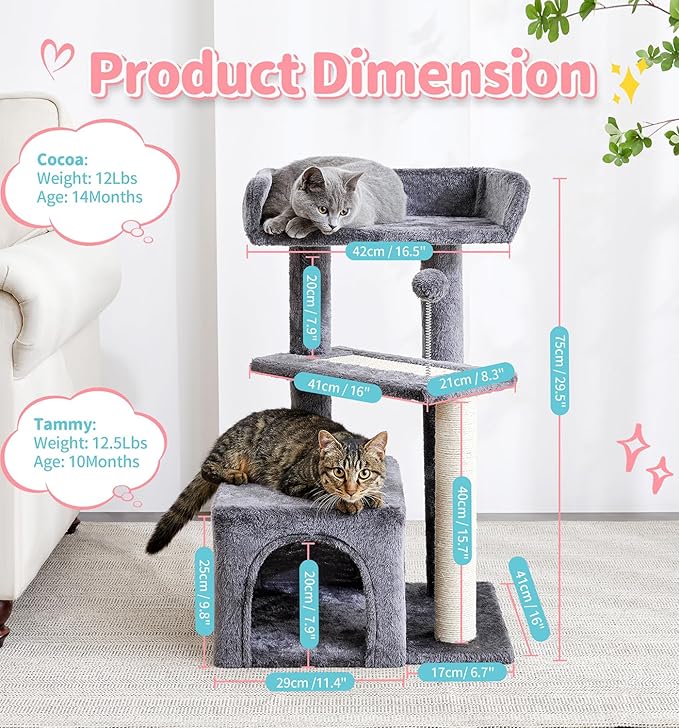 Made4Pets Cat Tree, Multi-Level Small Cat Tower for Indoor Cats, 29" Tall Cute Kitten Scratcher Condo with Sisal Scratching Post and Pad Steps, Plush Cat Cave with Pom-Pom for Small Kitty, Dark Grey