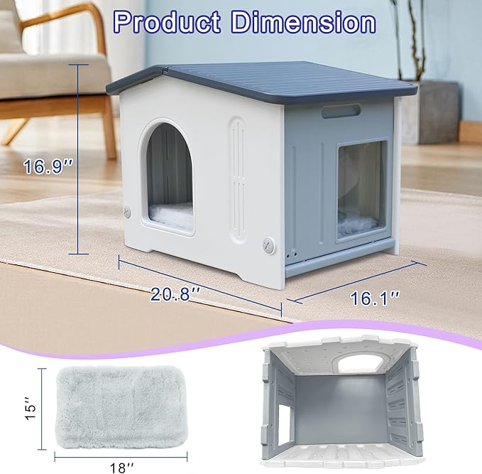 Plastic Cat House for Outdoor Indoor Use, Feral Cat House with Escape Door and Soft Mat, Cat Houses for Outdoor Cats Outside Cat Shelter for Small Pet, Assemble Easily - Grey