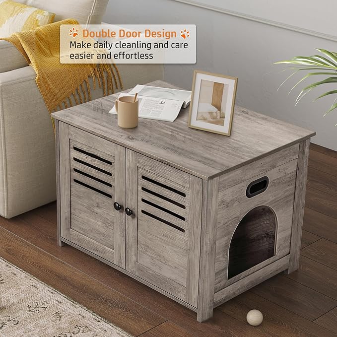 DINZI LVJ Litter Box Enclosure, Cat Litter House with Louvered Doors, Entrance Can Be on Left or Right Side, 31.5" Long Hidden Washroom for Most of Litter Box, Cat Furniture Cabinet, Greige
