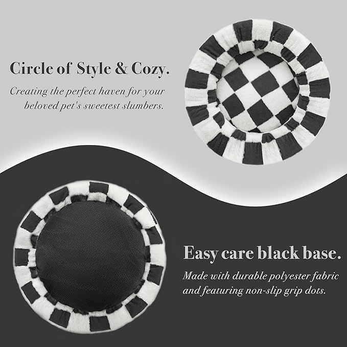 Checkered Cat Dog Bed, Cute Black White Retro Style Aesthetic Round Warming Pet Calming Beds for Small Dog and Cats, Plush Cozy Donut Beds Washable, 23" L x 23" W x 8" Th