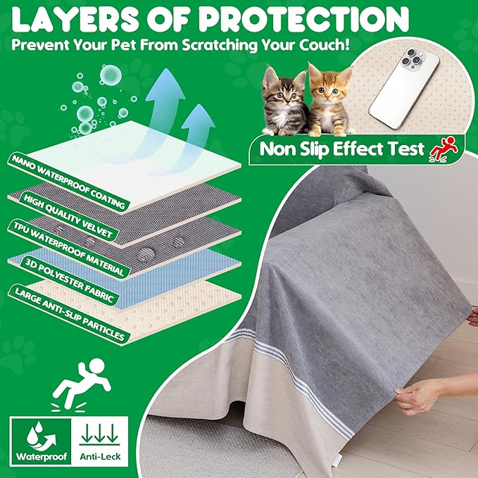 Cat Scratch Furniture Protector - Anti-Slip, Waterproof Sofa Cover to Keep Cats Off, Pet-Friendly Couch Protectors for 3 Cushion Couch, Anti-Scratch Couch Cover for Pets and Kids 134"X91"Dark Gray