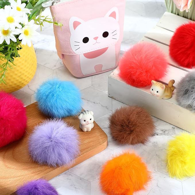 LEIFIDE 12 Pieces Real Rabbit Fur Pom Pom Kitty Cat Toy Fluffy Cat Balls Soft Fuzzy Balls for Kitty Pets Kitten Chase Quiet Play, 3 Inches in Diameter(Bright Color)
