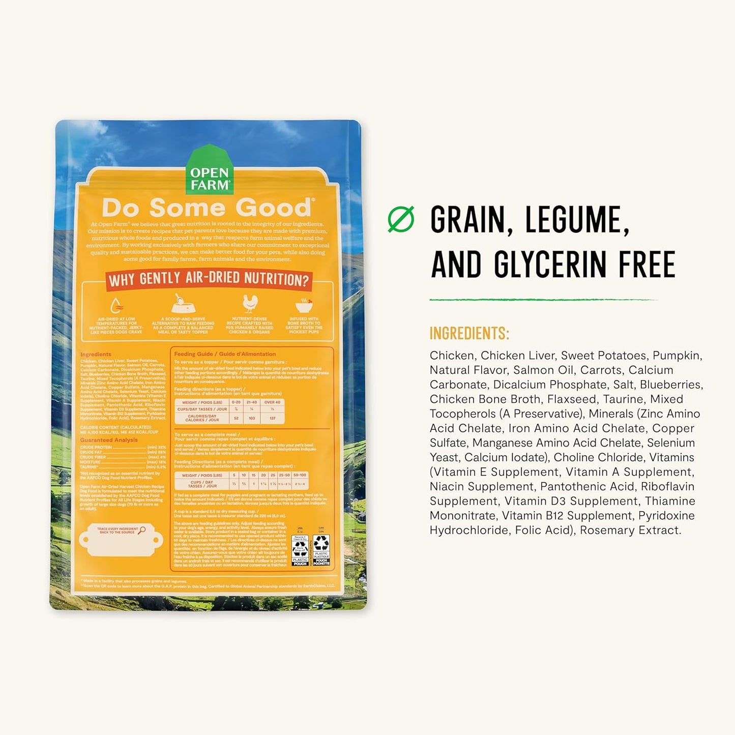 Open Farm, Air Dried Dog Food Infused with Bone Broth, Grain & Legume Free, Complete Meal or Food Topper, Harvest Chicken Recipe, 2lb Bag