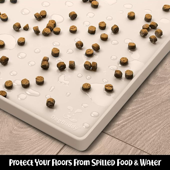 DogBuddy Dog Food Mat – Waterproof Dog Bowl Mat for Food and Water, Silicone Pet Feeding Mats for Floors, Non-Slip Placemat with High Edges for Dogs Bowls, Puppy Essentials (S: 19" x 12", Vanilla)