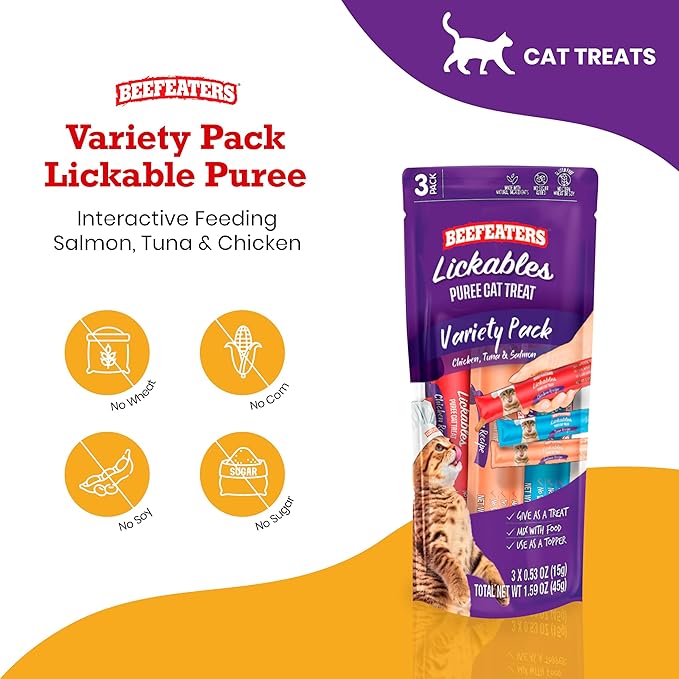 Beefeaters Cat Treats Lickable Puree 1.59oz (12-Pack) – Chicken, Grain-Free, Taurine-Enriched, Ideal for Training & Interactive Feeding