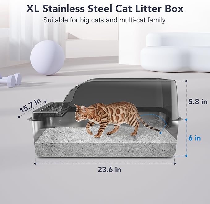 UPSKY Stainless Steel Cat Litter Box with Lid, XL Large Metal Litter Box for Large Breeds, Enclosed Kitty Litter Pan with High Sides, Leak-Proof & Non-Stick, Easy to Clean, Scoop and Mat Included