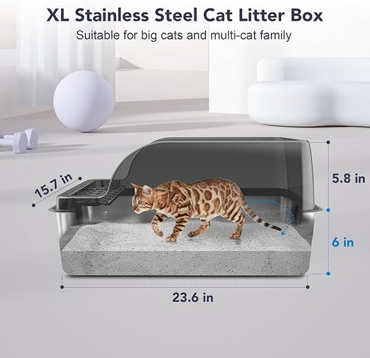 UPSKY Stainless Steel Cat Litter Box with Lid, XL Large Metal Litter Box for Large Breeds, Enclosed Kitty Litter Pan with High Sides, Leak-Proof & Non-Stick, Easy to Clean, Scoop and Mat Included