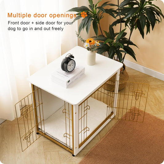 DWANTON Dog Crate Furniture with Cushion, Wooden Kennel Table with Double Doors, Indoor Dog House, Small/Medium/Large Size, 27.2" L, White