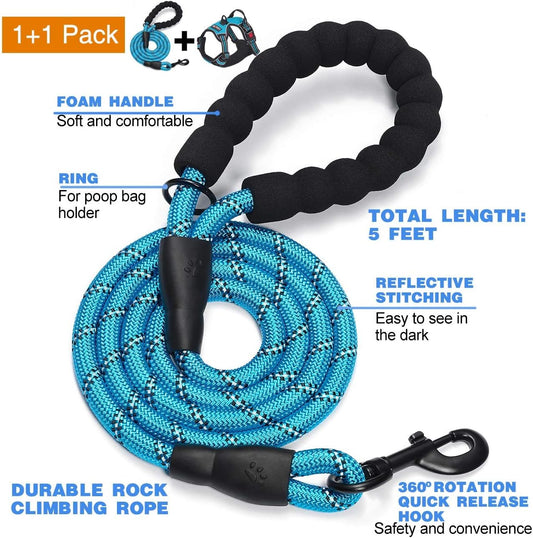 No Pull Dog Harness Adjustable Reflective Oxford Easy Control Medium Large Dog Harness with A Free Heavy Duty 5ft Dog Leash (S (Neck: 13"-18", Chest: 17.5"-22"), Blue Harness+Leash)