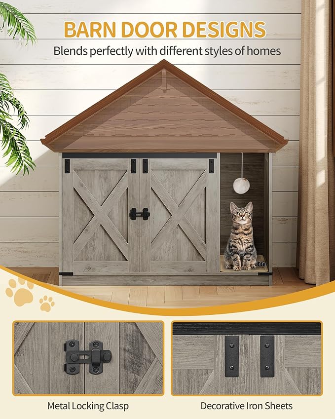 Cat Litter Box Enclosure, Hidden Litter Box Cabinet Furniture with Bell, Indoor Cat House, Farmhouse Style, 39.4 x 21.7X 24.8 Inches, for Hallway, Bedroom, Greige CB85205X