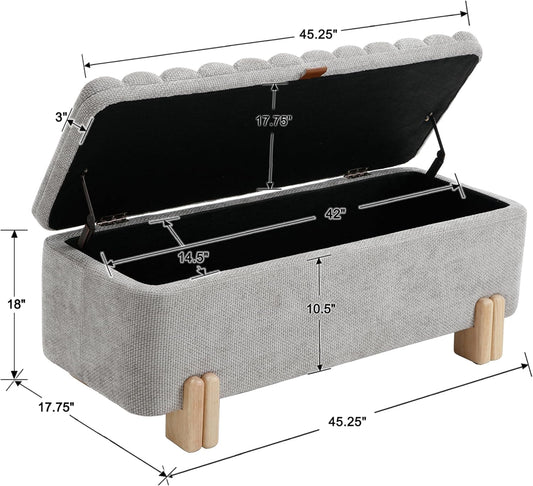Wavy Ottoman Storage Bench Multi-Functional Narrow Entryway Bench Elegant End of Bed Bench with Storage and Safty Hinge for Living Room Entryway Hallway Bedroom Boutique, Grey
