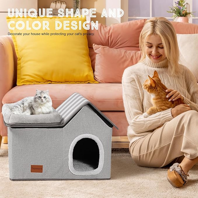 Topmart Cat House With Bed - Large Indoor Condo, 2-in-1 Pet Bed for Kittens and Small Cats, Grey