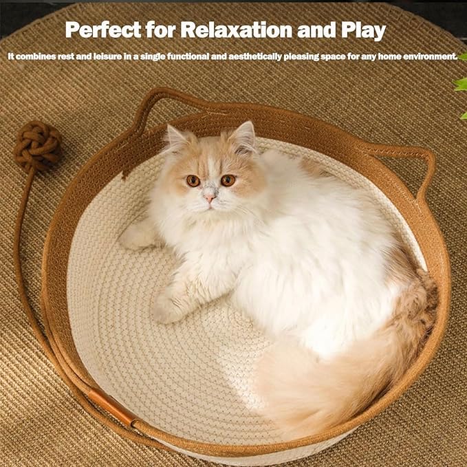 Cutypet Cat Basket, Cuty Pet Basket, Handwoven Cotton Rope Cat Bed, cat Scratch Bed with Built-in Teasing Ball, Breathable & Easy to Clean and Detachable Pad (Brown, Medium)