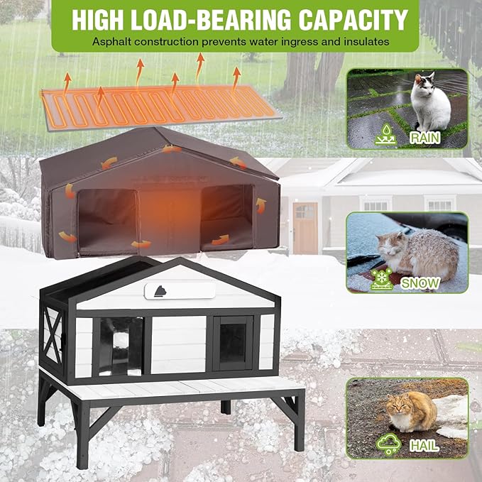 Heated Outdoor Cat House with Heating Pad and Insulated Liner in Winter, Feral Cat Shelter with Weatherproof Roof and Elevated Base, Kitten Condo with 3 Escape Doors Outside (Black & White, Medium)