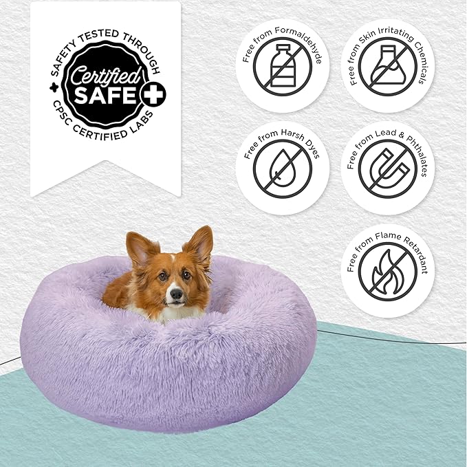 Best Friends by Sheri Original Calming Donut Dog and Cat Bed, Shag Faux Fur, Lavender, (30in x 30in) - Anxiety Relief for Pets Up to 45 lbs