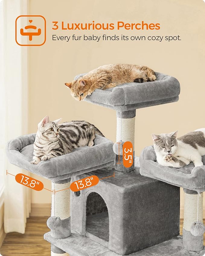 Feandrea 67 Inches Multi-Level Cat Tree for Large Cats, with Cozy Perches, Stable, Light Gray UPCT18W