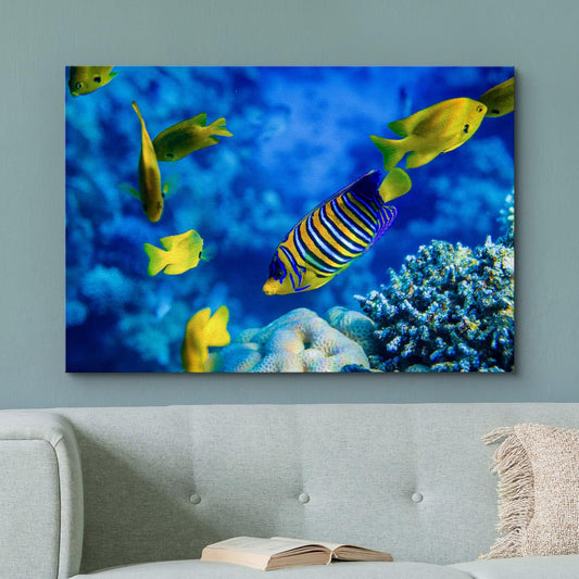 wall26 Canvas Print Wall Art Striped Yellow Tropical Fish Coral Reef Sea Nature Animals Photography Realism Rustic Scenic Landscape Wilderness Colorful for Living Room, Bedroom, Office - 12"x18"