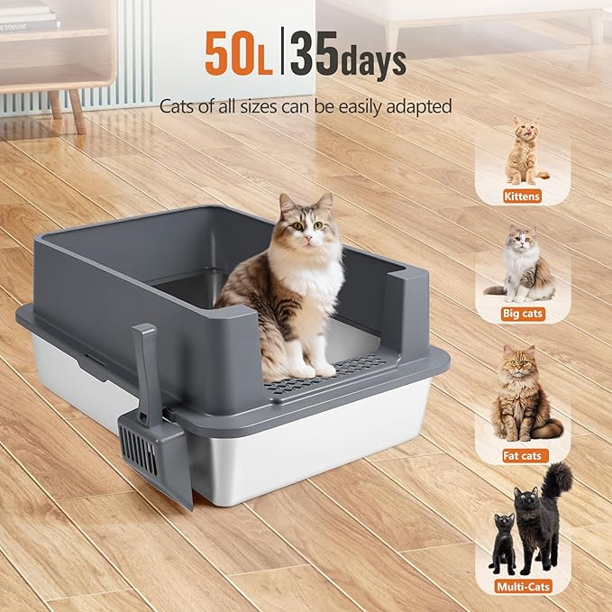 Stainless Steel Litter Box, XXXL 27.6" H x 19.7" W x 11.8" H Extra Large Metal High Sided Cat Litter Box with Scoop, Leak-Proof, Easy Clean for Big Cats/Multiple Cats (Dark Grey)