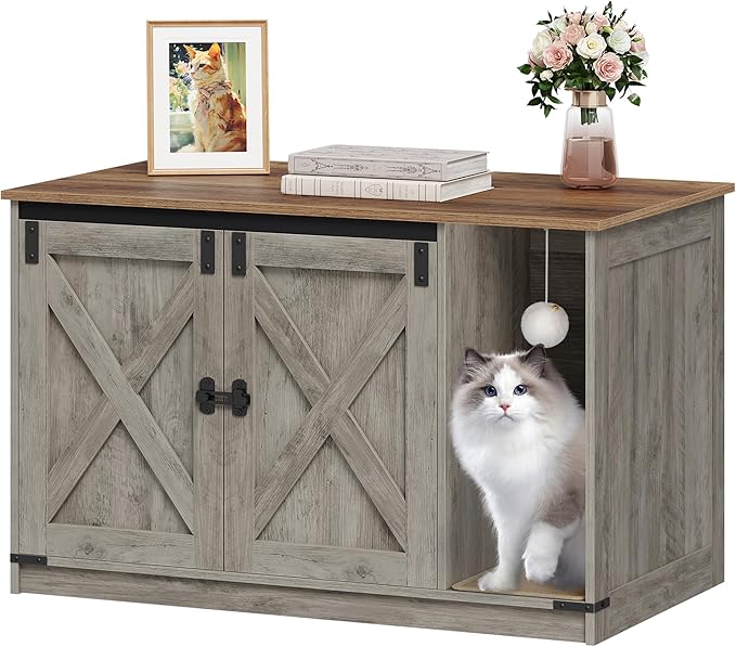 Cat Litter Box Enclosure, Hidden Litter Box Cabinet Furniture with Bell, Indoor Cat House, Farmhouse Style, 39.4 x 21.7X 24.8 Inches, for Hallway, Bedroom, Greige CB85205X