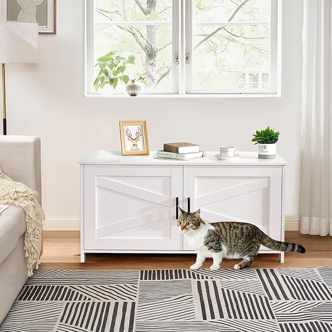 Homhedy 39.4" L Cat Litter Box Enclosure, Pet House with Barn Door, Wooden Cat Washroom Furniture, Fit Most of Litter Box, White