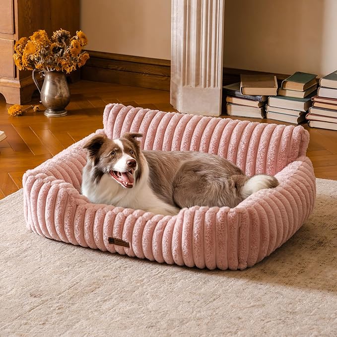 MEWOOFUN Dog Sofa Bed, Fluffy Dog Couch with Removable Washable Cover, Supportive Puppy Bed for Medium Sized up to 45 lbs (Pink, 36x28x12)