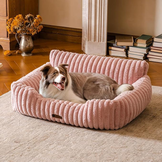MEWOOFUN Dog Sofa Bed, Fluffy Dog Couch with Removable Washable Cover, Supportive Puppy Bed for Medium Sized up to 45 lbs (Pink, 36x28x12)