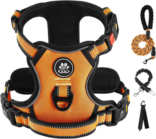 IVY&LANE No Pull Dog Harness for Medium Dogs, Dog Vest Harness with Leash, Safety Belt and Storage Strap, Fully Adjustable Harness, 360° Reflective Strip, Soft Handle (Orange, M)