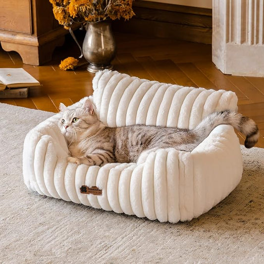 MEWOOFUN Cat Beds for Indoor Cats, Fluffy Cat Couch with Removable Washable Cover, Supportive Small Dog Beds for Puppy & Kitten up to 15 lbs (Beige, 24x19x12)