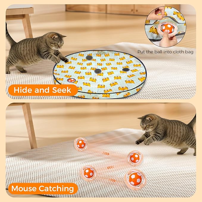 VIWIK Cat Toys for Bored Indoor Adult Cats, Interactive Automatic Motion Activated Kitten Ball Toy, Hide and Seek Mouse Catching Game, Low Noise Fast Rolling Ball in 4 Holes Play Mat