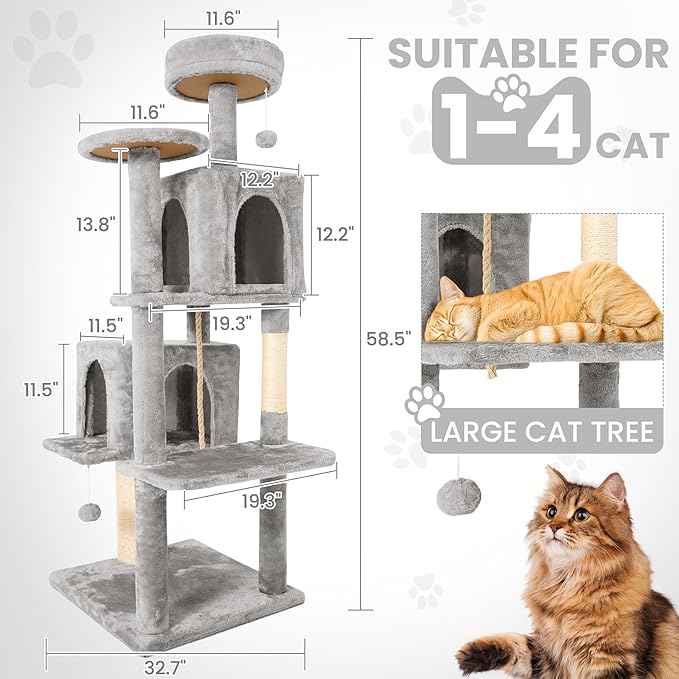 58.5inch Large Cat Tree Tower Condo for Indoor Cats, Soft Plush Multi-Level Climbing Tree Cat House with 1 360° Rotating Cat Cave, Scratching Post, More Entrance/Exit, Sisal Rope, Light Grey